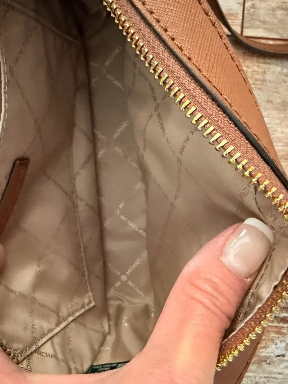 Michael Kors Tan Saffiano Leather Crossbody with Gold Chain